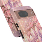 Google Pixel Phone Case — Lemurian Rose Crystal Garden Protective Tough Case — Pink Roses, Shells & Sparkling Gems Phone Case