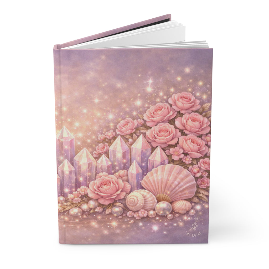 Lemurian Rose Crystal Garden Journal (Lined Pages) — Pink Rose & Gemstone Seashell Hardcover Notebook