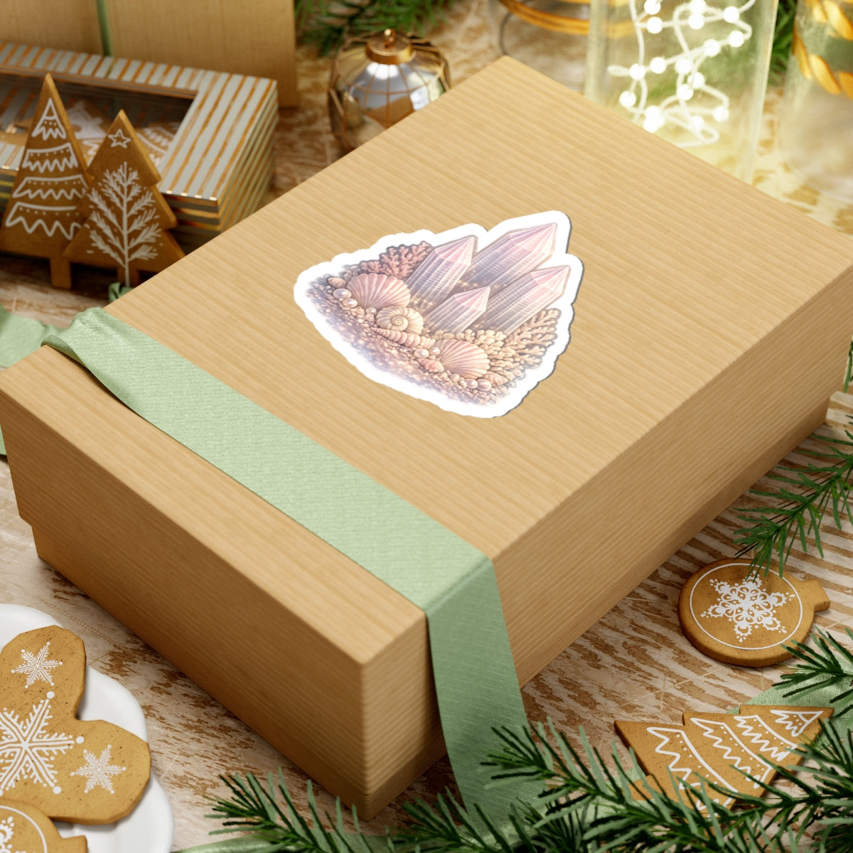 Pastel Lemurian Crystal Cluster Sticker — Iridescent Gem & Seashell Kiss-Cut Decal