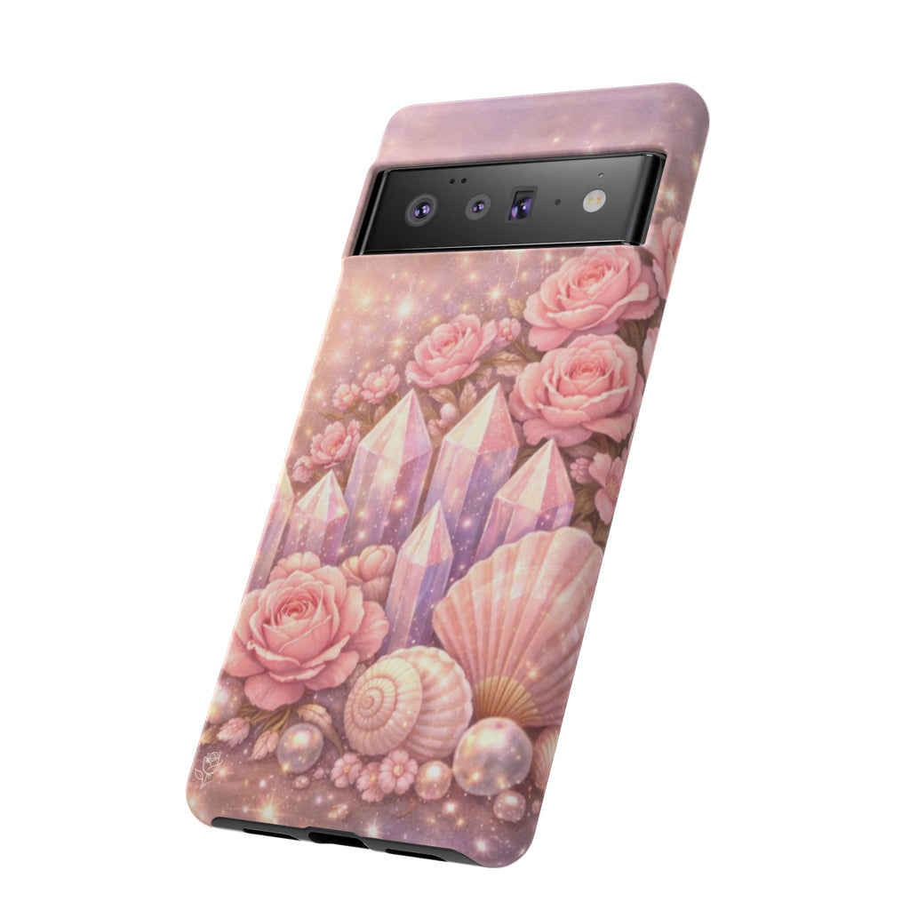 Google Pixel Phone Case — Lemurian Rose Crystal Garden Protective Tough Case — Pink Roses, Shells & Sparkling Gems Phone Case