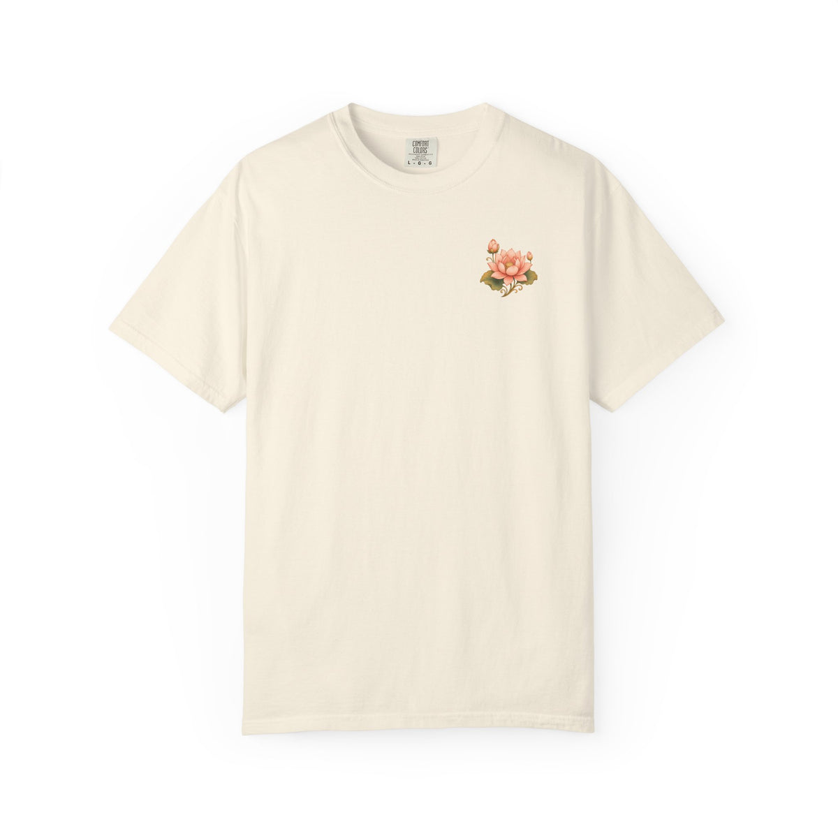 Bodhisattva Kwan Yin's Lotus Floral T-Shirt — Vintage Peach Botanical Lotus Chest + Back Graphic