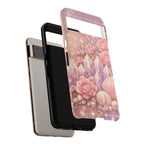 Google Pixel Phone Case — Lemurian Rose Crystal Garden Protective Tough Case — Pink Roses, Shells & Sparkling Gems Phone Case