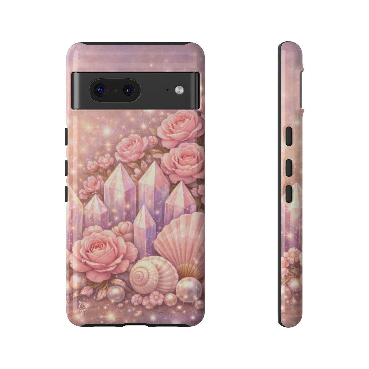 Google Pixel Phone Case — Lemurian Rose Crystal Garden Protective Tough Case — Pink Roses, Shells & Sparkling Gems Phone Case