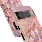Google Pixel Phone Case — Lemurian Rose Crystal Garden Protective Tough Case — Pink Roses, Shells & Sparkling Gems Phone Case