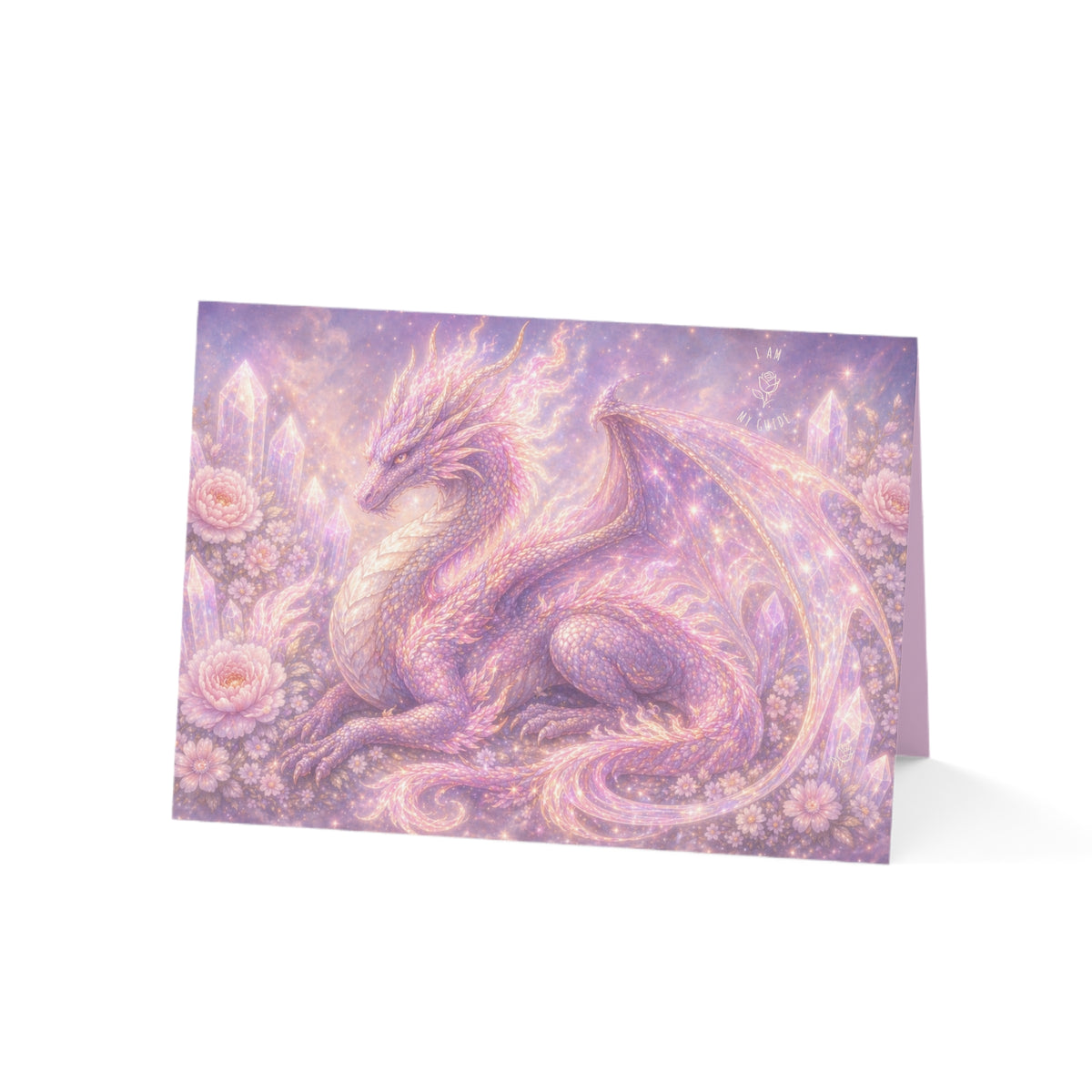 Lilac Fire Dragon Greeting Card — Pastel Floral Dragon Art Folded Note Cards (1/10/30/50-pack)