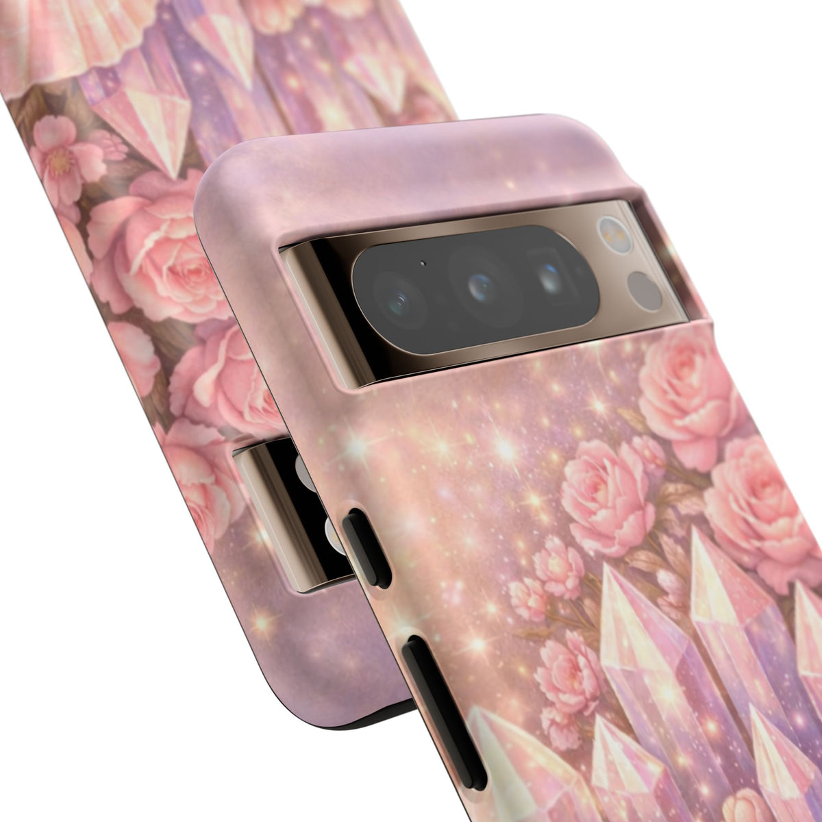 Google Pixel Phone Case — Lemurian Rose Crystal Garden Protective Tough Case — Pink Roses, Shells & Sparkling Gems Phone Case