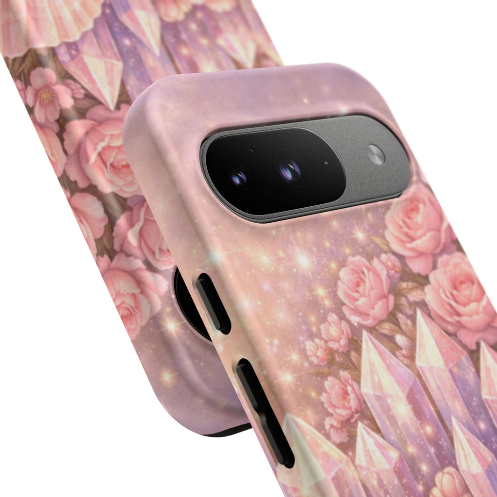 Google Pixel Phone Case — Lemurian Rose Crystal Garden Protective Tough Case — Pink Roses, Shells & Sparkling Gems Phone Case