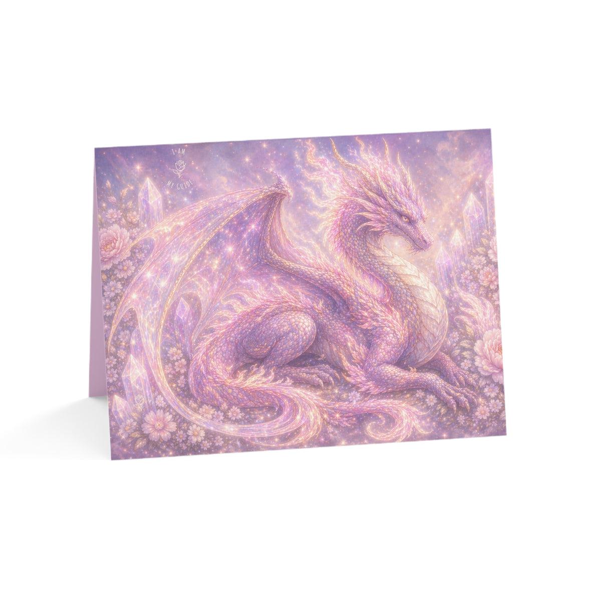 Lilac Fire Dragon Greeting Card — Pastel Floral Dragon Art Folded Note Cards (1/10/30/50-pack)