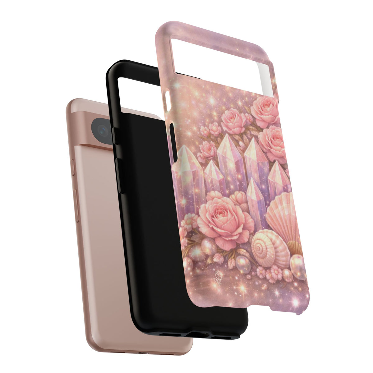 Google Pixel Phone Case — Lemurian Rose Crystal Garden Protective Tough Case — Pink Roses, Shells & Sparkling Gems Phone Case