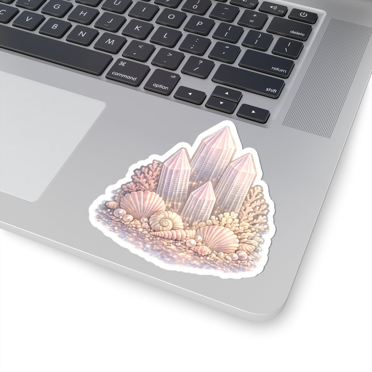 Pastel Lemurian Crystal Cluster Sticker — Iridescent Gem & Seashell Kiss-Cut Decal