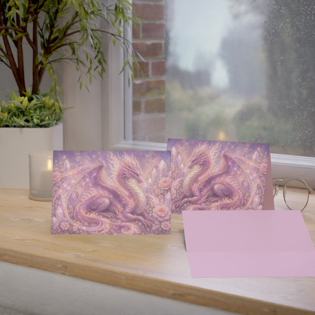 Lilac Fire Dragon Greeting Card — Pastel Floral Dragon Art Folded Note Cards (1/10/30/50-pack)
