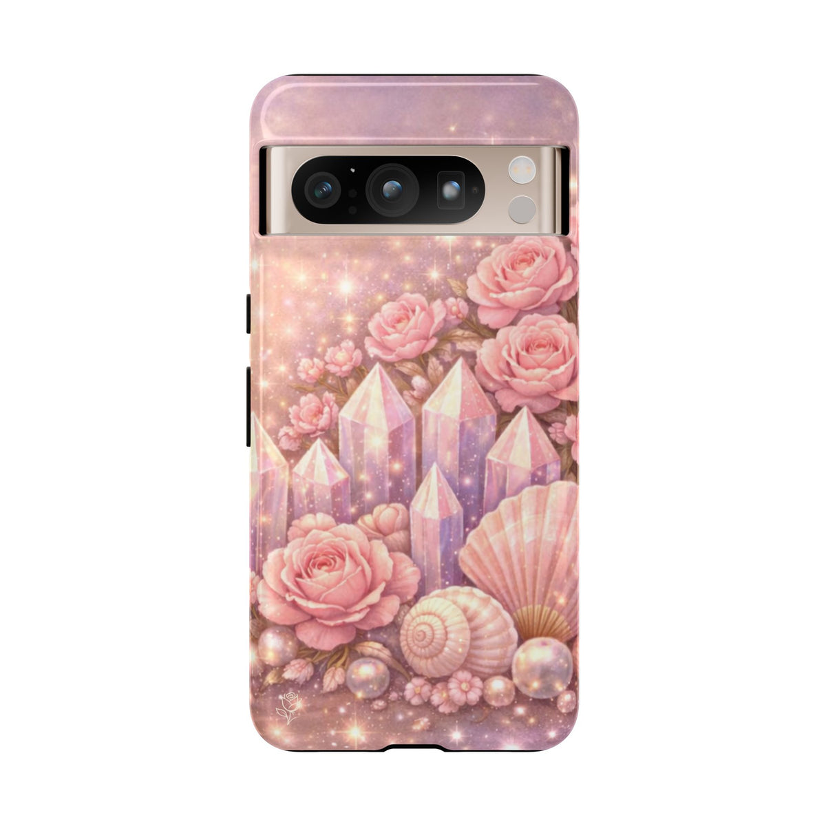 Google Pixel Phone Case — Lemurian Rose Crystal Garden Protective Tough Case — Pink Roses, Shells & Sparkling Gems Phone Case