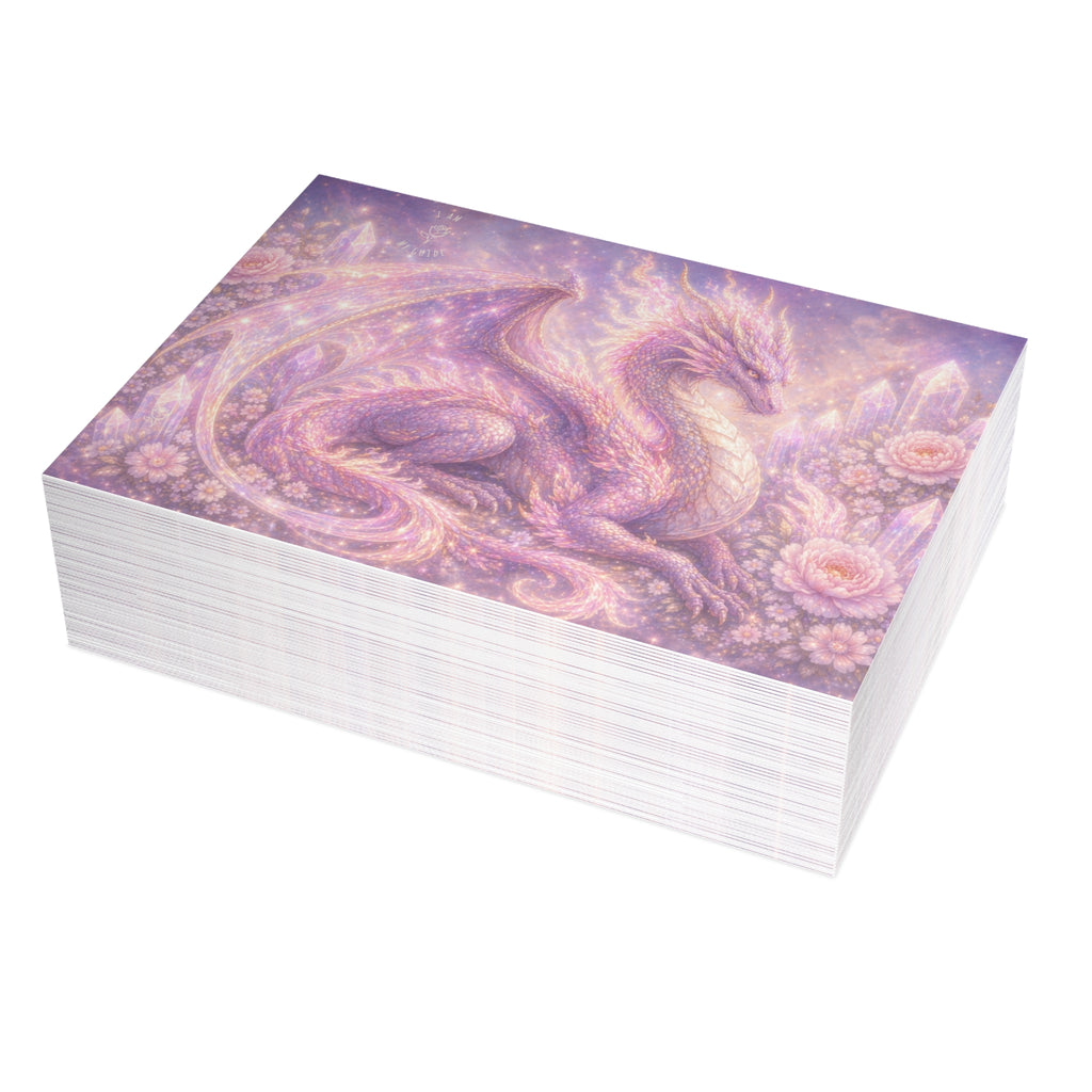 Lilac Fire Dragon Greeting Card — Pastel Floral Dragon Art Folded Note Cards (1/10/30/50-pack)