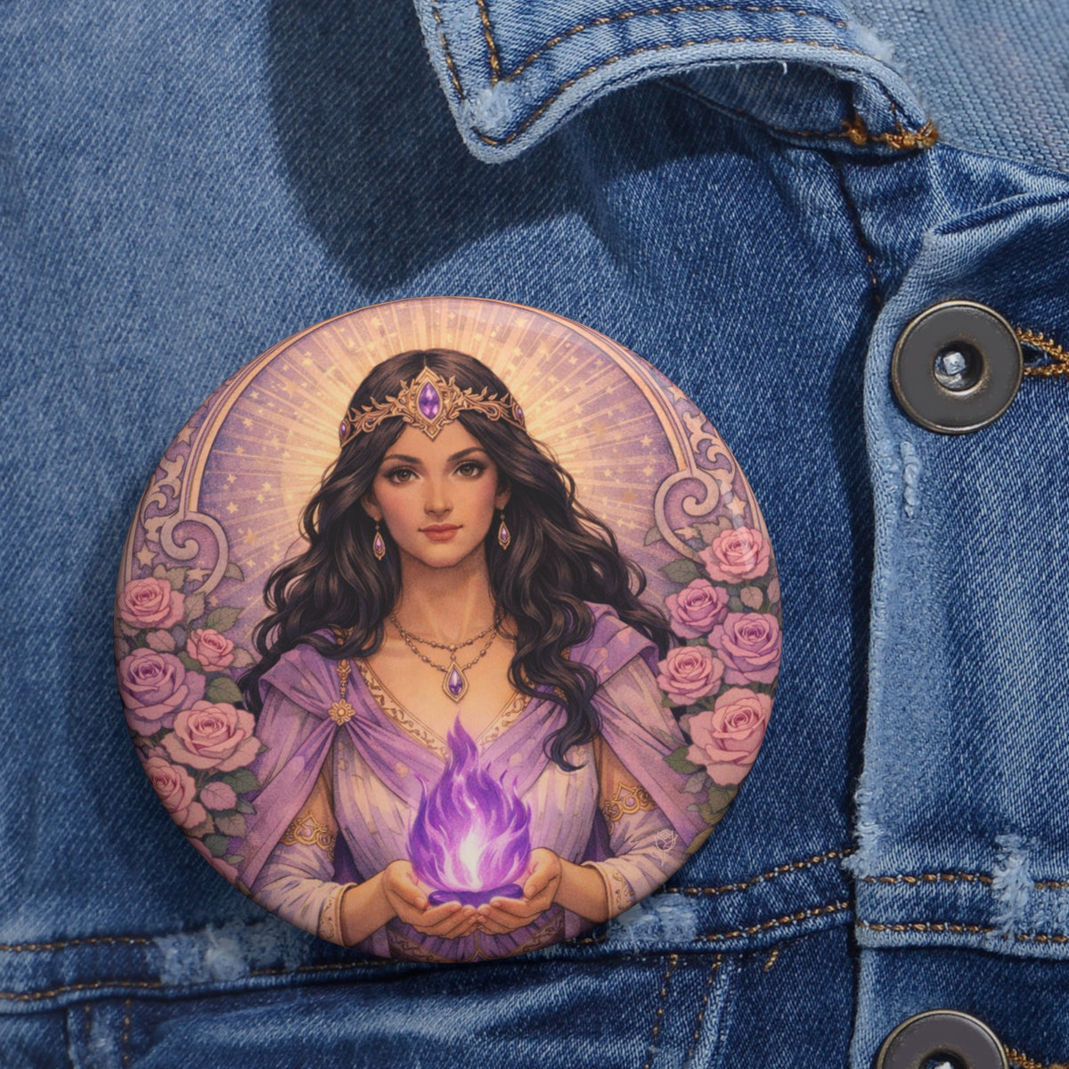 Master Portia Pin Button — Violet Flame Enamel Badge