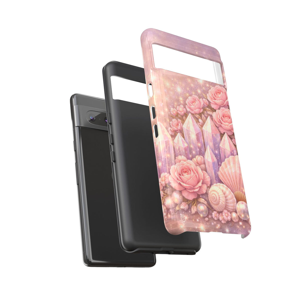 Google Pixel Phone Case — Lemurian Rose Crystal Garden Protective Tough Case — Pink Roses, Shells & Sparkling Gems Phone Case