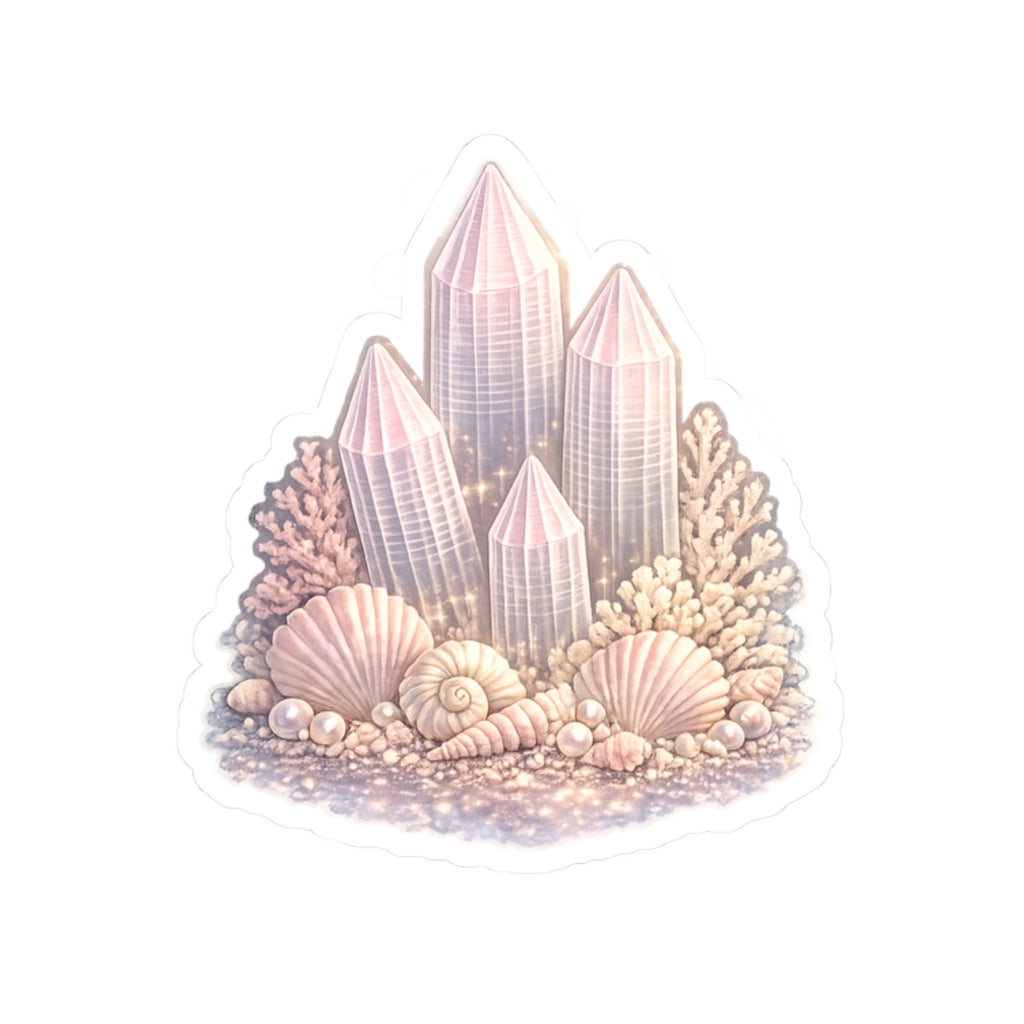Pastel Lemurian Crystal Cluster Sticker — Iridescent Gem & Seashell Kiss-Cut Decal