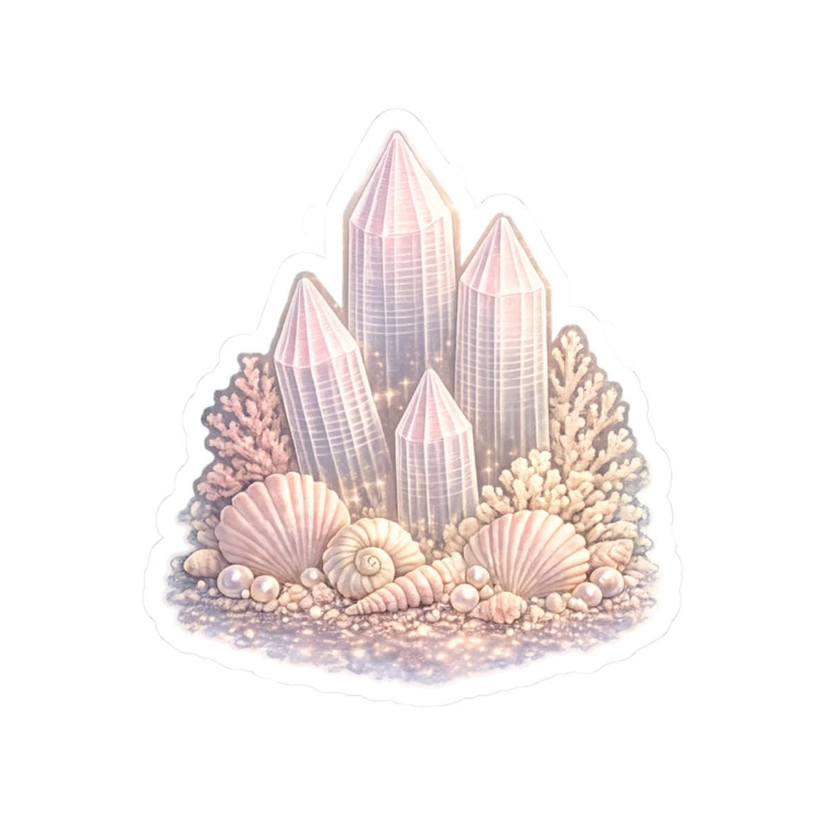 Pastel Lemurian Crystal Cluster Sticker — Iridescent Gem & Seashell Kiss-Cut Decal