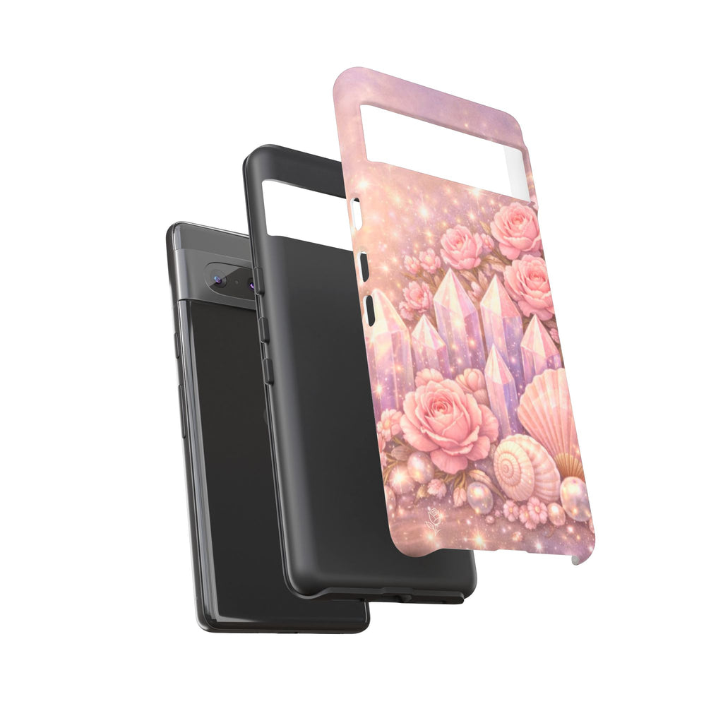 Google Pixel Phone Case — Lemurian Rose Crystal Garden Protective Tough Case — Pink Roses, Shells & Sparkling Gems Phone Case