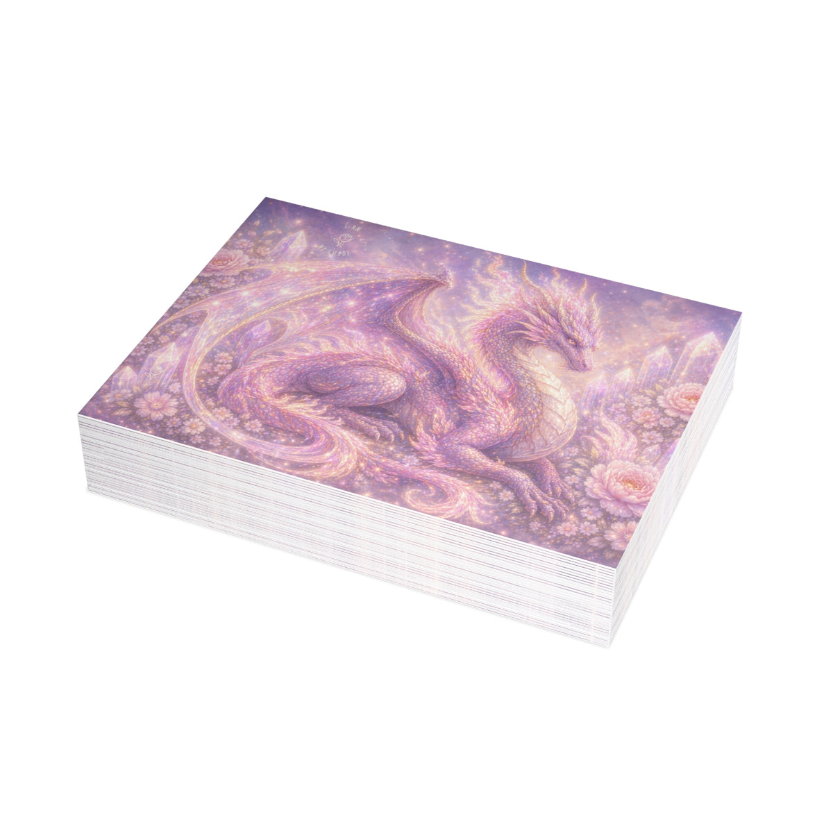 Lilac Fire Dragon Greeting Card — Pastel Floral Dragon Art Folded Note Cards (1/10/30/50-pack)