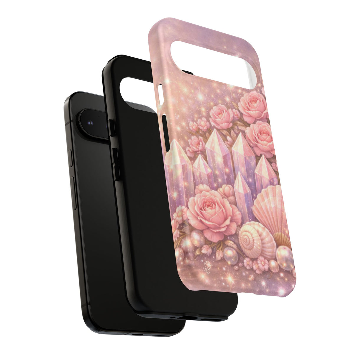 Google Pixel Phone Case — Lemurian Rose Crystal Garden Protective Tough Case — Pink Roses, Shells & Sparkling Gems Phone Case