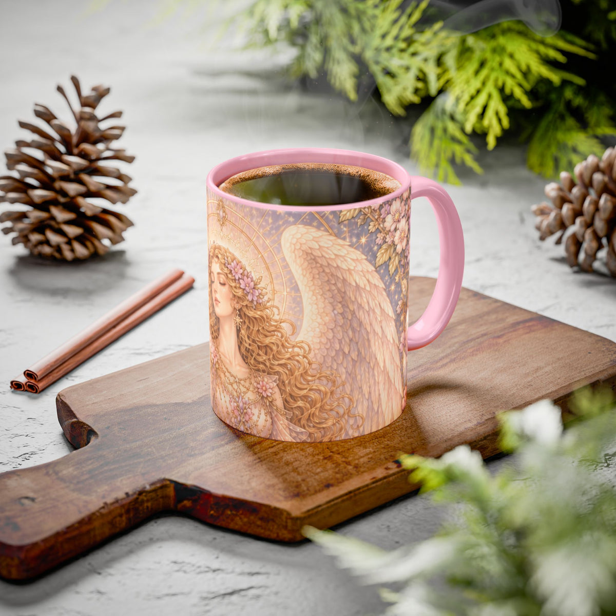Archangel Glory (Shekinah) Art Ceramic Mug — Feminine Presence of Metatron – Pink Interior & Handle, Floral Archangel Illustration (11oz & 15oz)