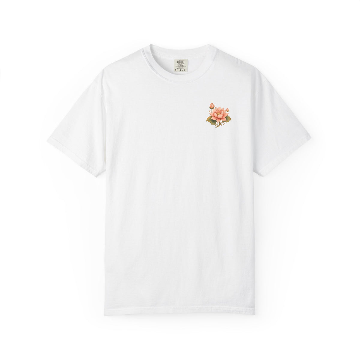 Bodhisattva Kwan Yin's Lotus Floral T-Shirt — Vintage Peach Botanical Lotus Chest + Back Graphic