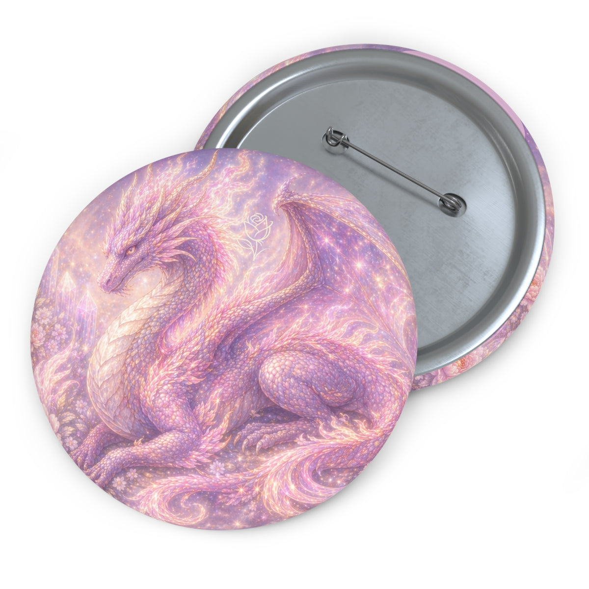 Lilac Fire Dragon Button Pin — Pastel Mystical Pinback for Jackets & Bags