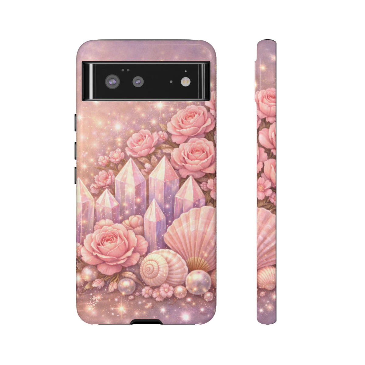 Google Pixel Phone Case — Lemurian Rose Crystal Garden Protective Tough Case — Pink Roses, Shells & Sparkling Gems Phone Case