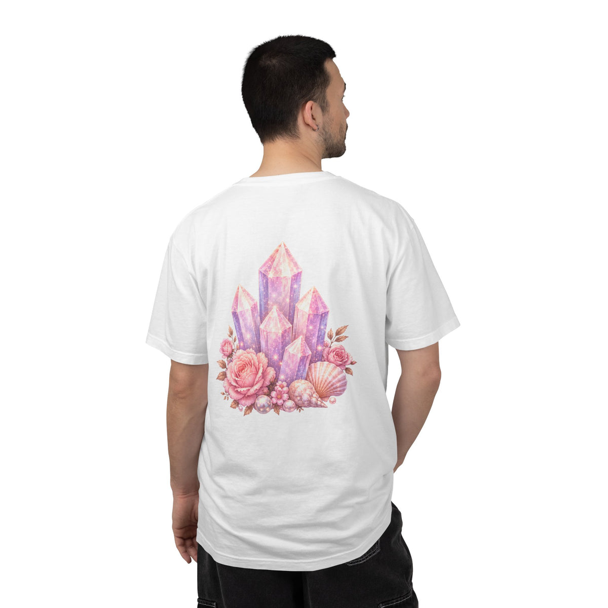 Lemurian Pearl Crystal Cluster T‑Shirt — Pink Lavender Gemstone Floral Graphic Tee