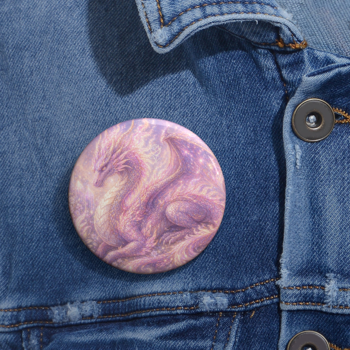 Lilac Fire Dragon Button Pin — Pastel Mystical Pinback for Jackets & Bags