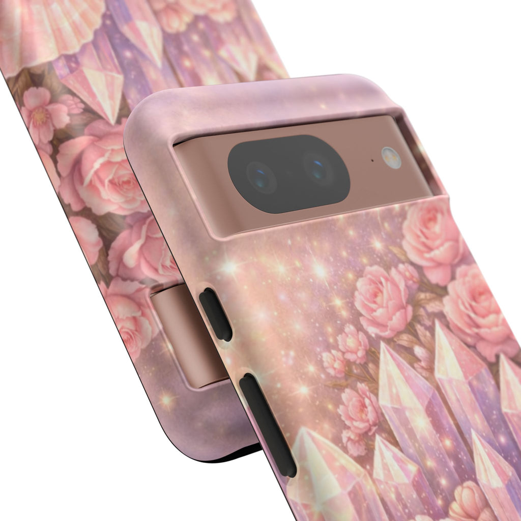 Google Pixel Phone Case — Lemurian Rose Crystal Garden Protective Tough Case — Pink Roses, Shells & Sparkling Gems Phone Case