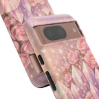 Google Pixel Phone Case — Lemurian Rose Crystal Garden Protective Tough Case — Pink Roses, Shells & Sparkling Gems Phone Case