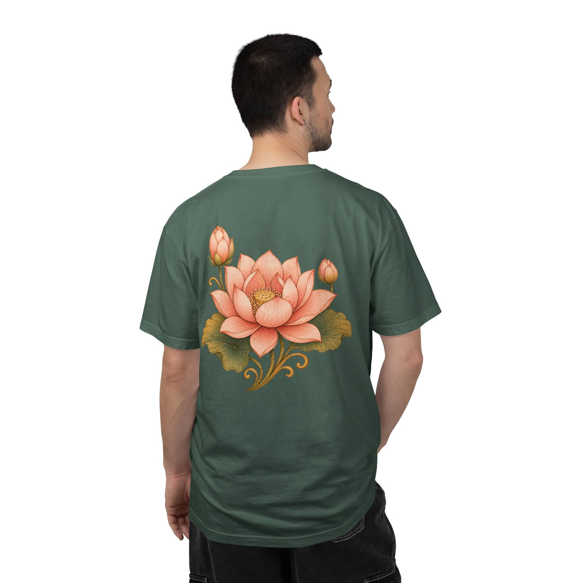 Bodhisattva Kwan Yin's Lotus Floral T-Shirt — Vintage Peach Botanical Lotus Chest + Back Graphic