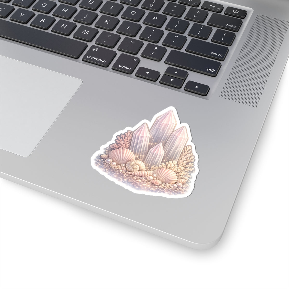 Pastel Lemurian Crystal Cluster Sticker — Iridescent Gem & Seashell Kiss-Cut Decal