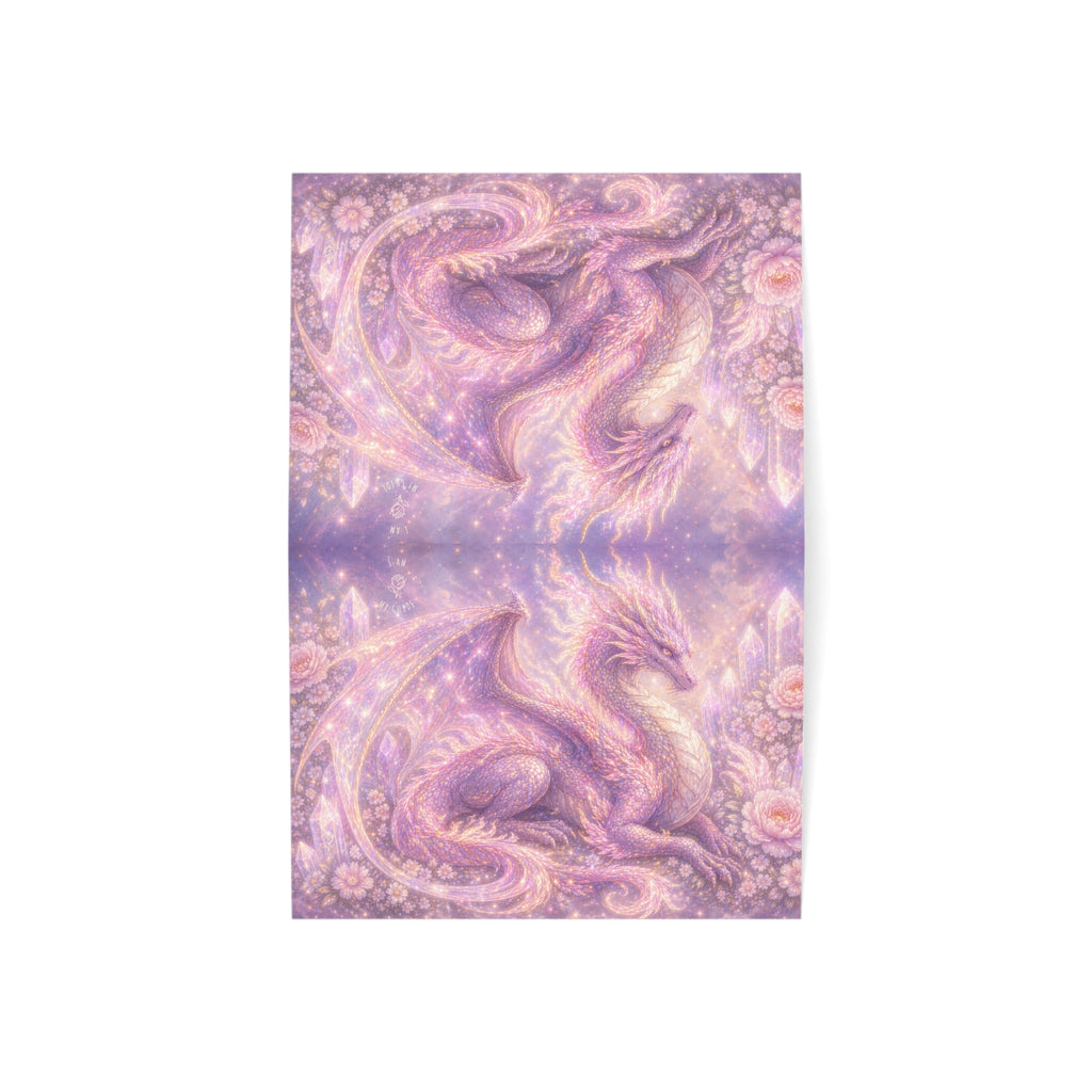 Lilac Fire Dragon Greeting Card — Pastel Floral Dragon Art Folded Note Cards (1/10/30/50-pack)