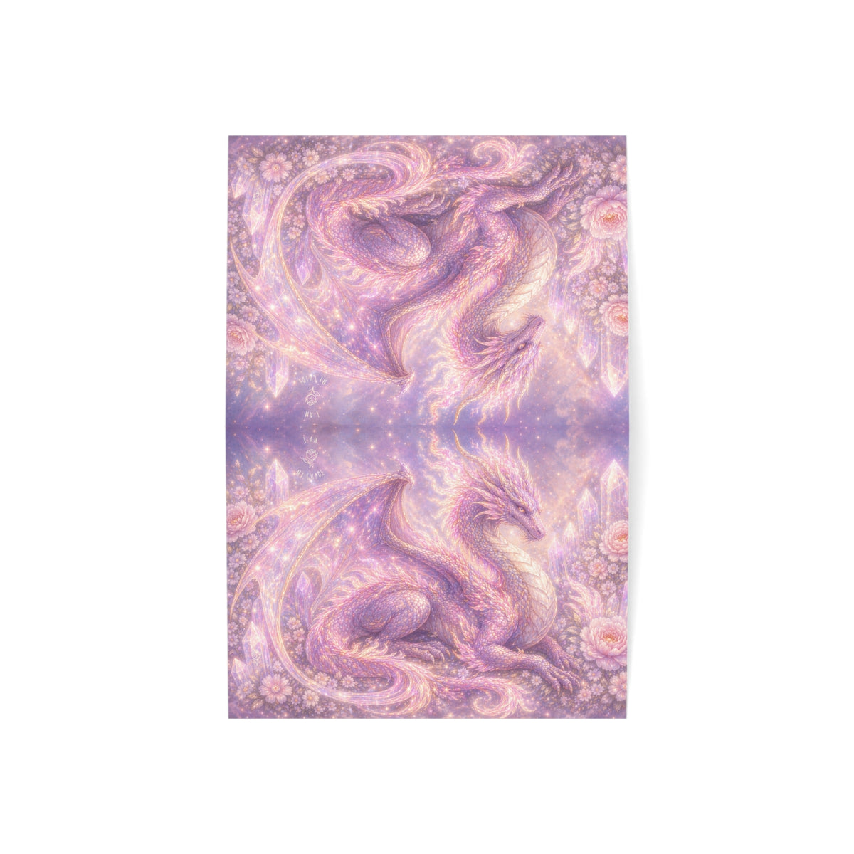 Lilac Fire Dragon Greeting Card — Pastel Floral Dragon Art Folded Note Cards (1/10/30/50-pack)