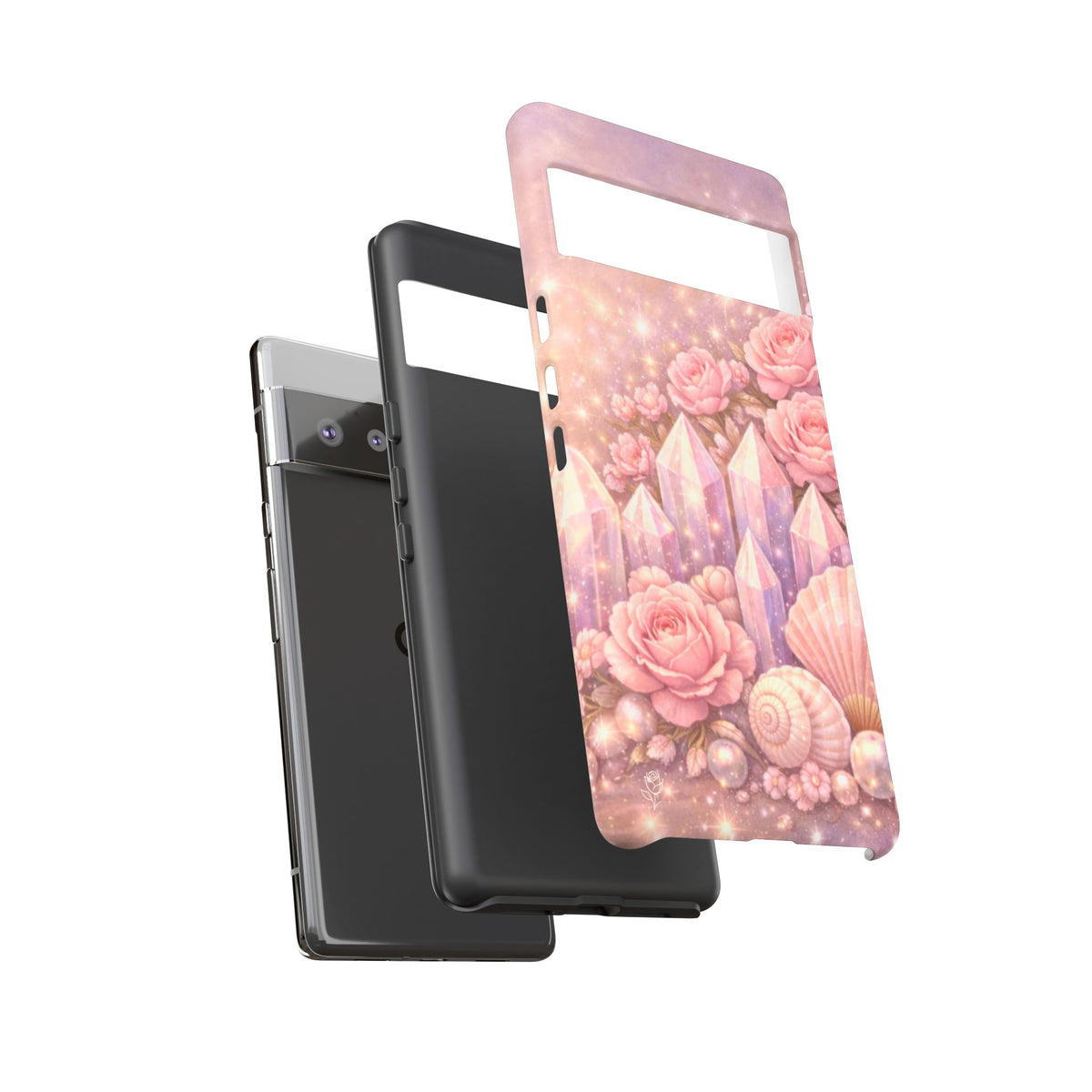 Google Pixel Phone Case — Lemurian Rose Crystal Garden Protective Tough Case — Pink Roses, Shells & Sparkling Gems Phone Case