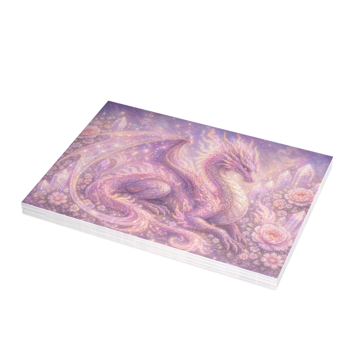 Lilac Fire Dragon Greeting Card — Pastel Floral Dragon Art Folded Note Cards (1/10/30/50-pack)