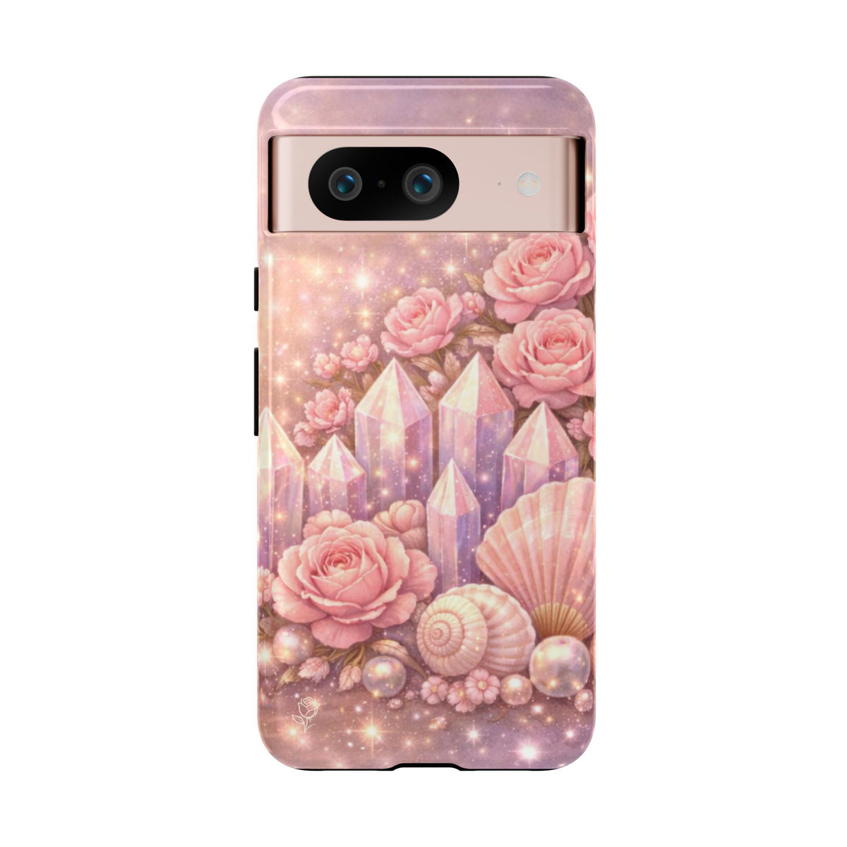 Google Pixel Phone Case — Lemurian Rose Crystal Garden Protective Tough Case — Pink Roses, Shells & Sparkling Gems Phone Case