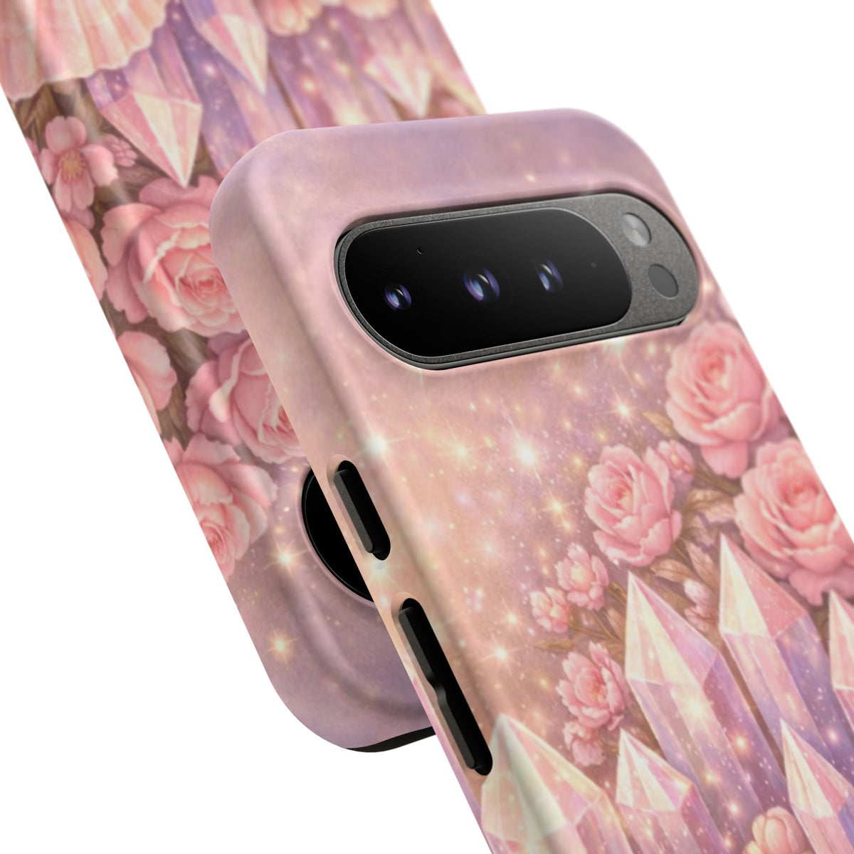 Google Pixel Phone Case — Lemurian Rose Crystal Garden Protective Tough Case — Pink Roses, Shells & Sparkling Gems Phone Case