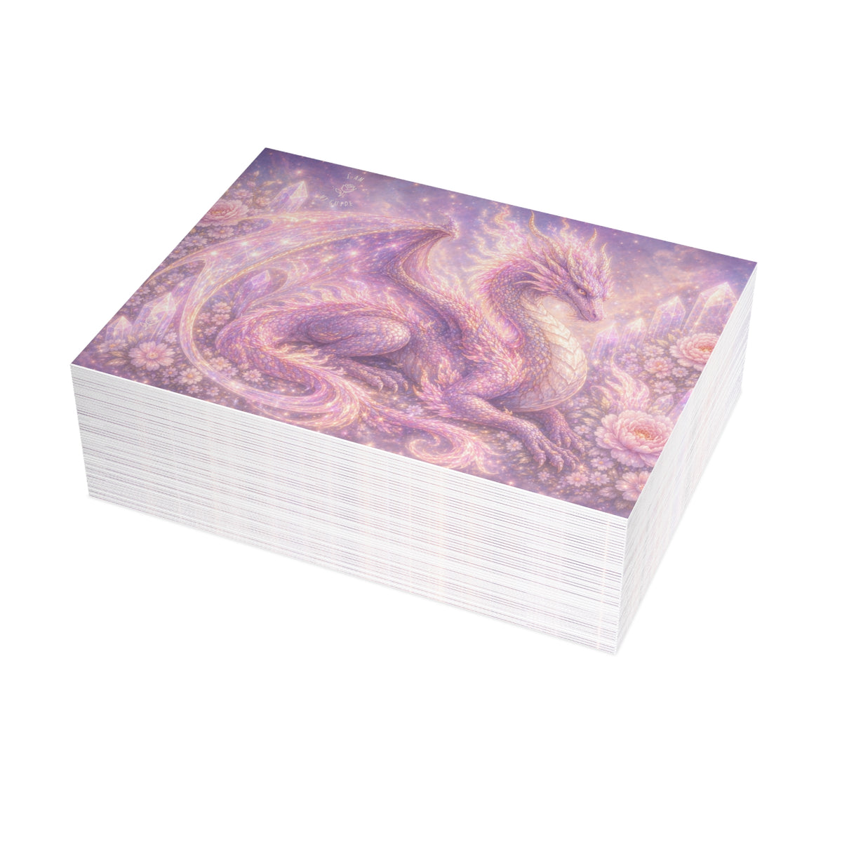 Lilac Fire Dragon Greeting Card — Pastel Floral Dragon Art Folded Note Cards (1/10/30/50-pack)