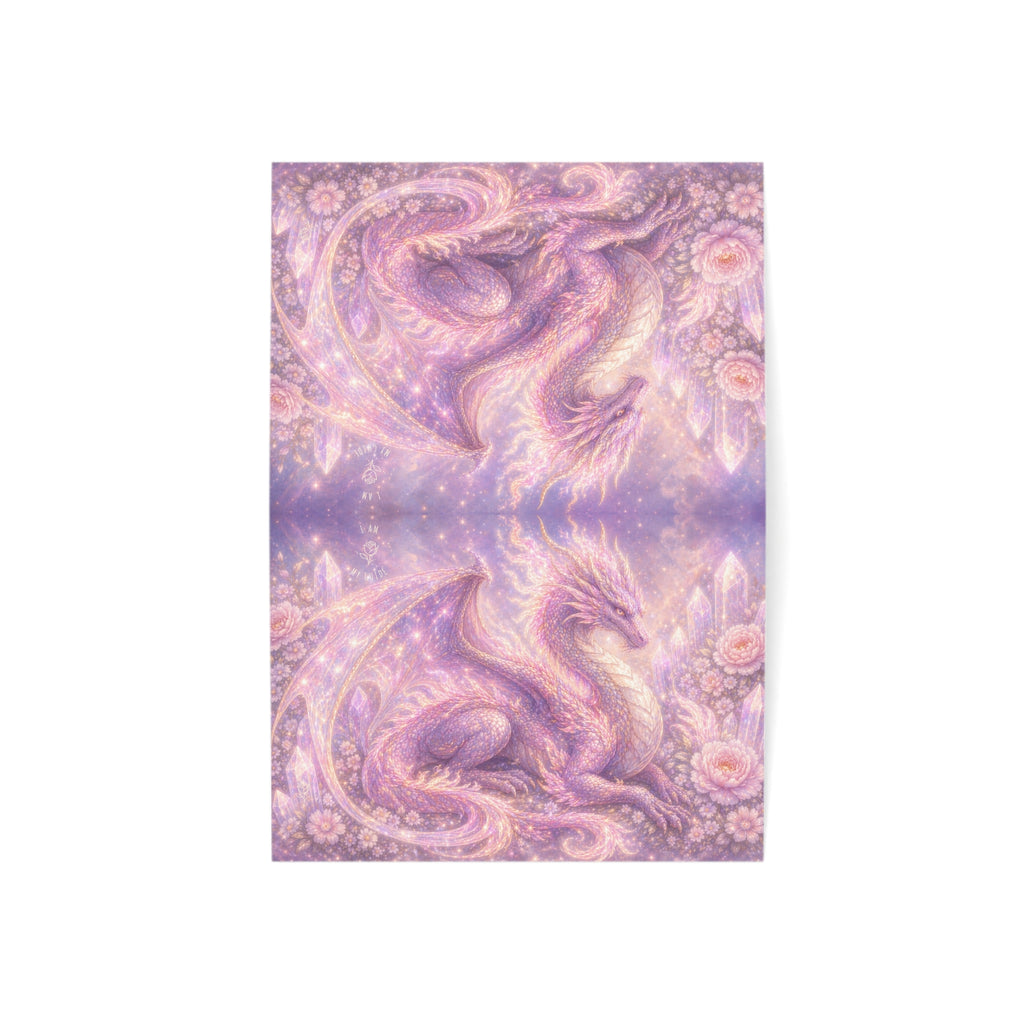 Lilac Fire Dragon Greeting Card — Pastel Floral Dragon Art Folded Note Cards (1/10/30/50-pack)