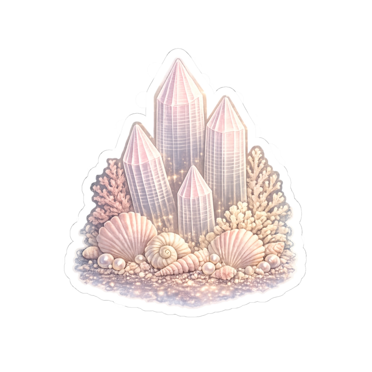 Pastel Lemurian Crystal Cluster Sticker — Iridescent Gem & Seashell Kiss-Cut Decal