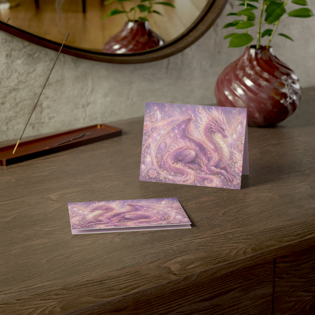 Lilac Fire Dragon Greeting Card — Pastel Floral Dragon Art Folded Note Cards (1/10/30/50-pack)