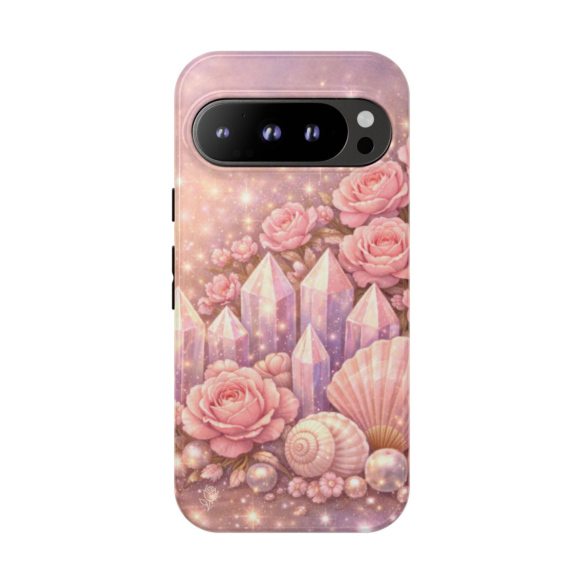 Google Pixel Phone Case — Lemurian Rose Crystal Garden Protective Tough Case — Pink Roses, Shells & Sparkling Gems Phone Case
