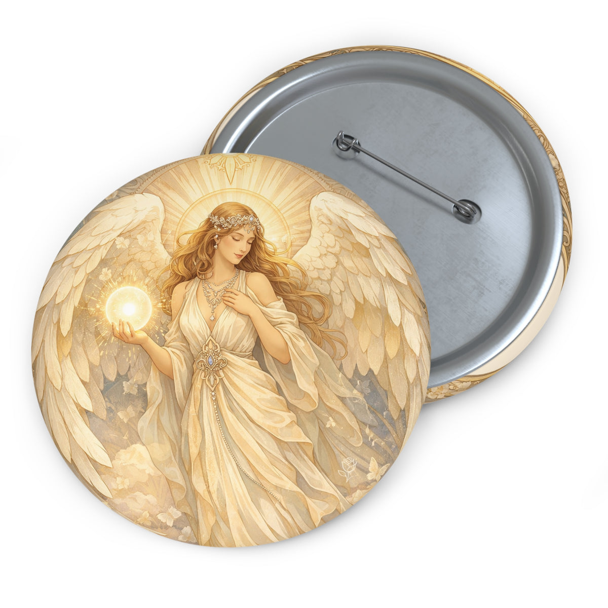 Birthday Angel Sitael Illustration Pin Button — Vintage Guardian Angel Badge