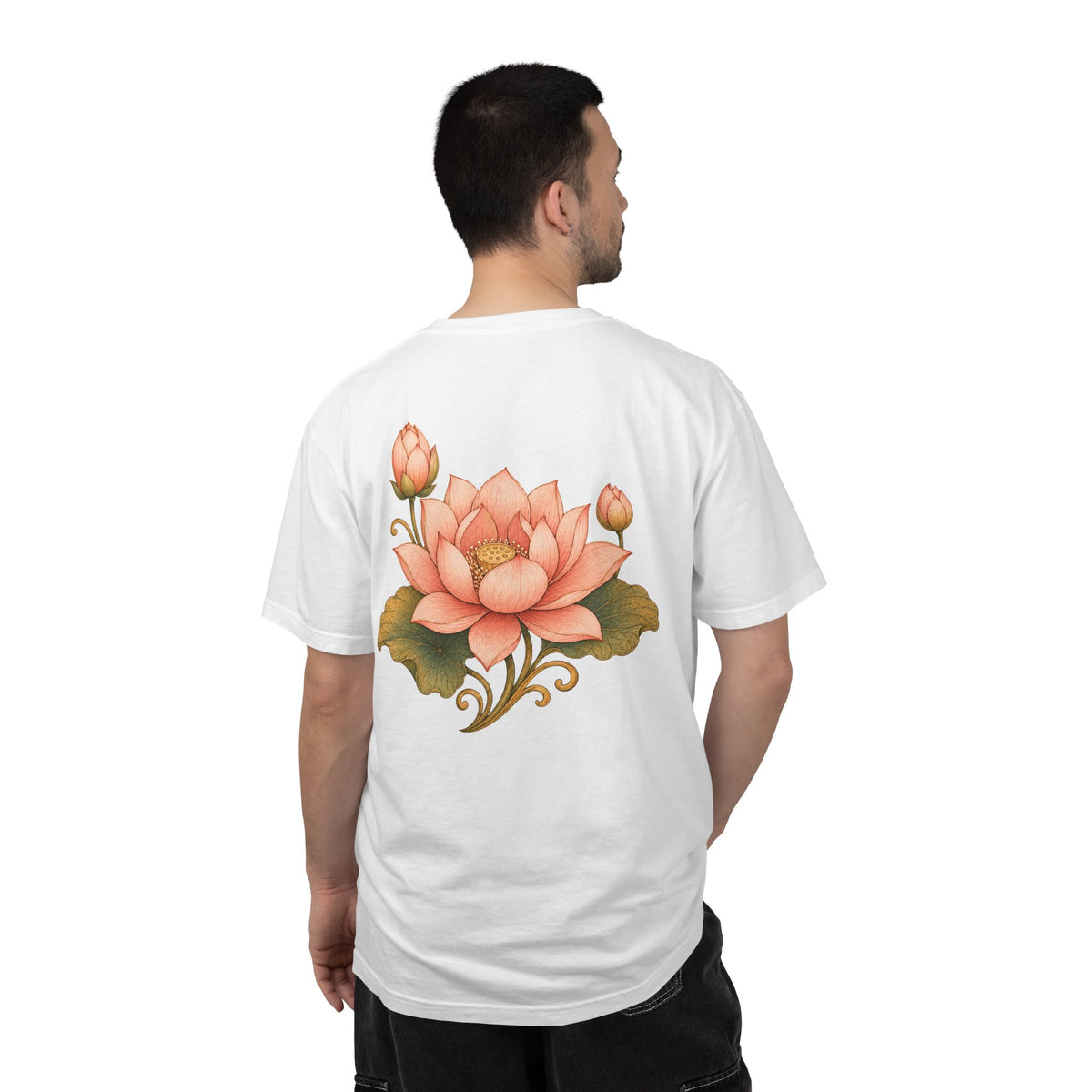 Bodhisattva Kwan Yin's Lotus Floral T-Shirt — Vintage Peach Botanical Lotus Chest + Back Graphic