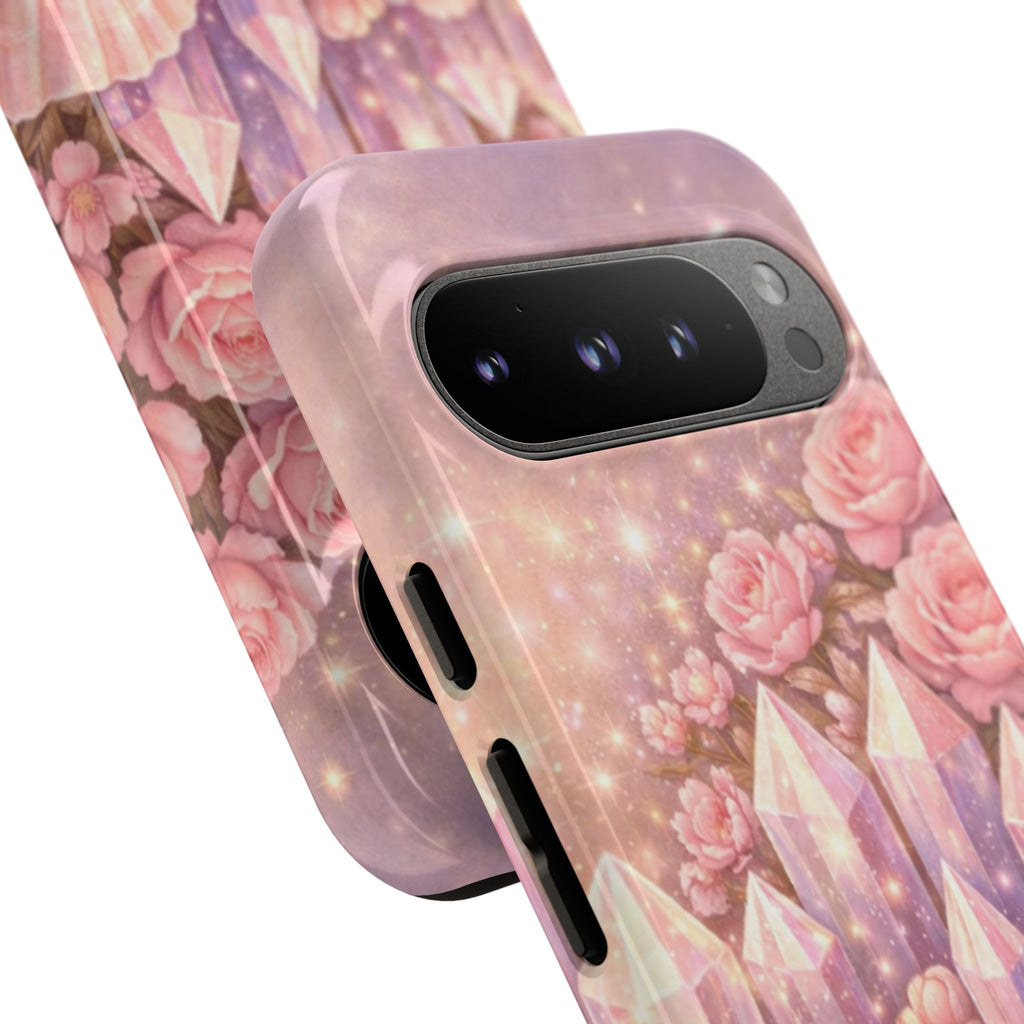 Google Pixel Phone Case — Lemurian Rose Crystal Garden Protective Tough Case — Pink Roses, Shells & Sparkling Gems Phone Case