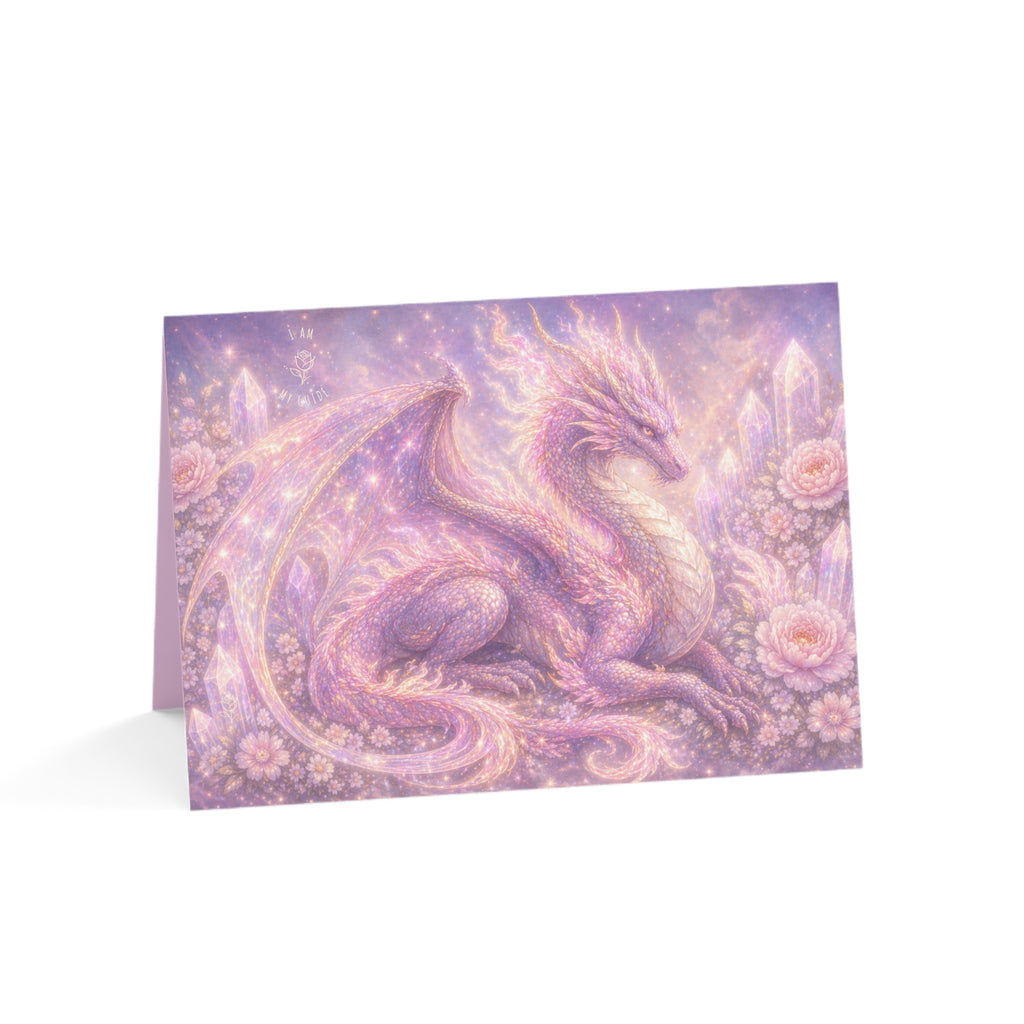 Lilac Fire Dragon Greeting Card — Pastel Floral Dragon Art Folded Note Cards (1/10/30/50-pack)
