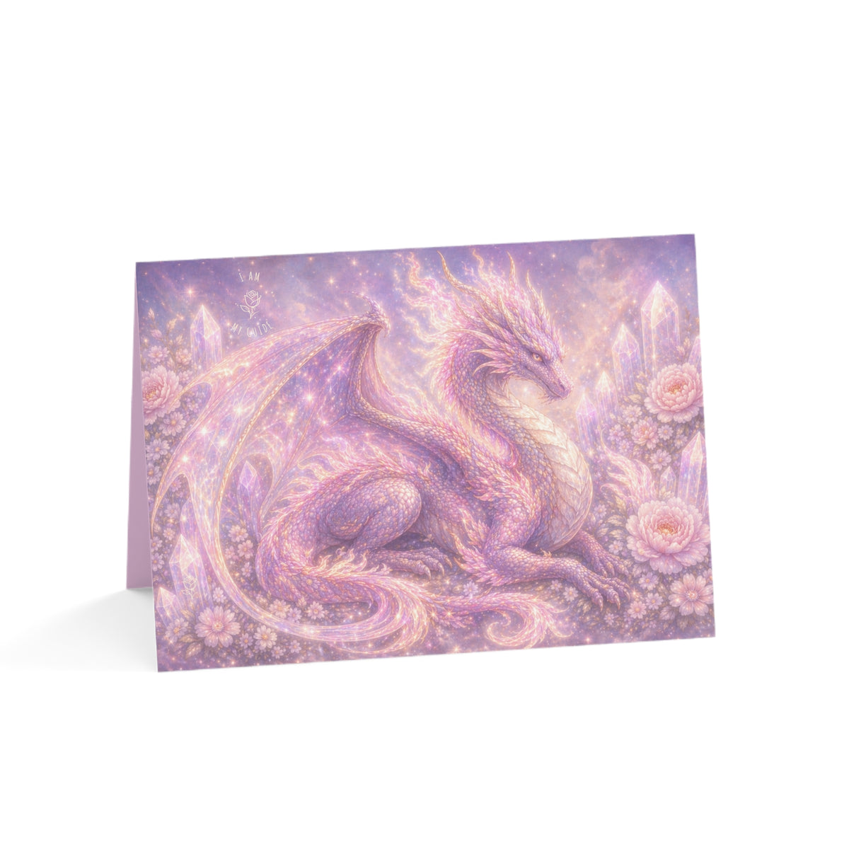 Lilac Fire Dragon Greeting Card — Pastel Floral Dragon Art Folded Note Cards (1/10/30/50-pack)